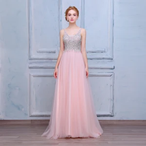 Élégant Rougissant Rose Robe De Bal 2018 Princesse Perlage Paillettes Cristal Perle V Cou Dos Nu Sans Manches Longue Robe De Ceremonie