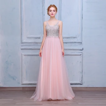 Élégant Rougissant Rose Robe De Bal 2018 Princesse Perlage Paillettes Cristal Perle V Cou Dos Nu Sans Manches Longue Robe De Ceremonie