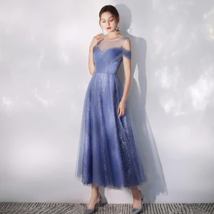 Chic Beautiful Ocean Blue Homecoming Graduation Dresses 2019 A Line Princess Scoop Neck Sequins Sleeveless Backless Ankle Length Formal Dresses