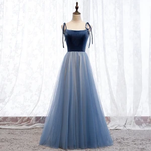 Chic Belle Océan Bleu Robe De Soirée 2019 Princesse Bretelles Spaghetti Noeud Daim Sans Manches Dos Nu Longue Robe De Ceremonie