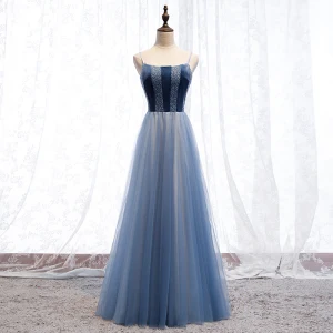 Chic Beautiful Ocean Blue Evening Dresses 2019 A Line Princess Spaghetti Straps Suede Beading Crystal Sleeveless Backless Floor Length Long Formal Dresses