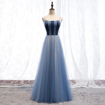 Chic Belle Océan Bleu Robe De Soirée 2019 Princesse Bretelles Spaghetti Daim Perlage Cristal Sans Manches Dos Nu Longue Robe De Ceremonie