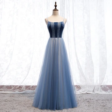 Chic Belle Océan Bleu Robe De Soirée 2019 Princesse Bretelles Spaghetti Daim Perlage Cristal Sans Manches Dos Nu Longue Robe De Ceremonie