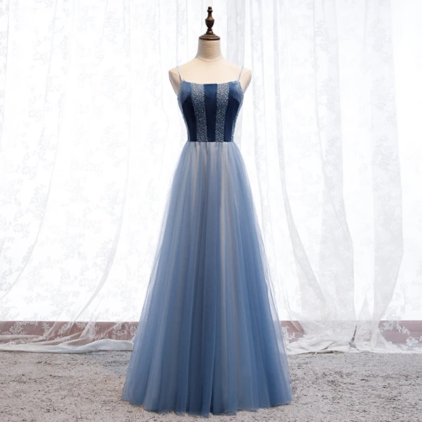 Chic / Belle Océan Bleu Robe De Soirée 2019 Princesse Bretelles Spaghetti Daim Perlage Cristal Sans Manches Dos Nu Longue Robe De Ceremonie