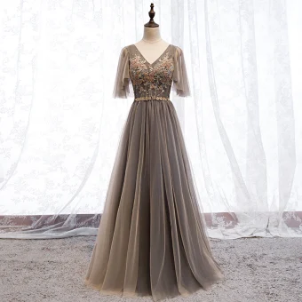 Elegant Brown Evening Dresses 2019 A Line Princess V Neck Beading Rhinestone Sequins Lace Flower Short Sleeve Backless Floor Length Long Formal Dresses