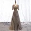 Elegant Brown Evening Dresses  2019 A-Line / Princess V-Neck Beading Rhinestone Sequins Lace Flower Short Sleeve Backless Floor-Length / Long Formal Dresses