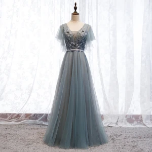 Élégant Gris Robe De Soirée 2019 Princesse V Cou Perlage Paillettes En Dentelle Fleur Ceinture Manches Courtes Dos Nu Longue Robe De Ceremonie