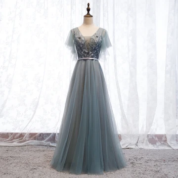 Elegant Grey Evening Dresses 2019 A Line Princess V Neck Beading Sequins Lace Flower Sash Short Sleeve Backless Floor Length Long Formal Dresses
