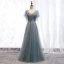 Elegant Grey Evening Dresses  2019 A-Line / Princess V-Neck Beading Sequins Lace Flower Sash Short Sleeve Backless Floor-Length / Long Formal Dresses