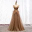 Modern / Fashion Brown Evening Dresses  2019 A-Line / Princess Spaghetti Straps Beading Sequins Lace Flower Sleeveless Backless Floor-Length / Long Formal Dresses