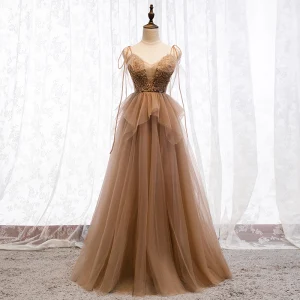 Modern Fashion Brown Evening Dresses 2019 A Line Princess Spaghetti Straps Beading Sequins Lace Flower Sleeveless Backless Floor Length Long Formal Dresses