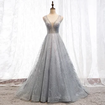 Charming Grey Evening Dresses 2019 A Line Princess Scoop Neck Beading Sequins Sleeveless Backless Sweep Train Formal Dresses