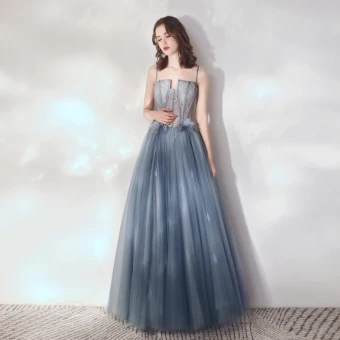 Charmant Océan Bleu Robe De Bal 2019 Princesse Inhabituel Bretelles Spaghetti En Dentelle Fleur Appliques Sans Manches Dos Nu Longue Robe De Ceremonie