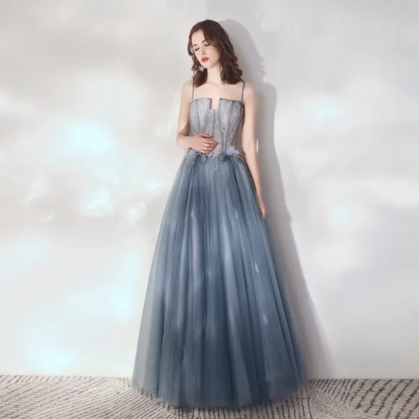 Charming Ocean Blue Prom Dresses 2019 A-Line / Princess Unusual Spaghetti Straps Lace Flower Appliques Sleeveless Backless Floor-Length / Long Formal Dresses