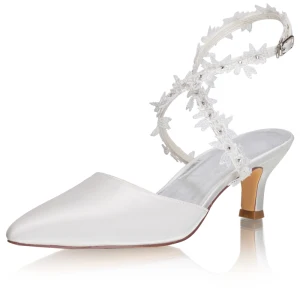 Schlicht Ivory Creme Satin Brautschuhe 2021 Knöchelriemen Strass Spitze Blumen 5 Cm Stilettos Spitzschuh Hochzeit Hochhackige