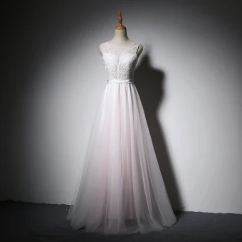 Élégant Blanche Perle Rose Robe De Soirée Princesse 2018 Perle Bouton Recouvert En Dentelle Fleur Ceinture Encolure Dégagée Sans Manches Longue Robe De Ceremonie