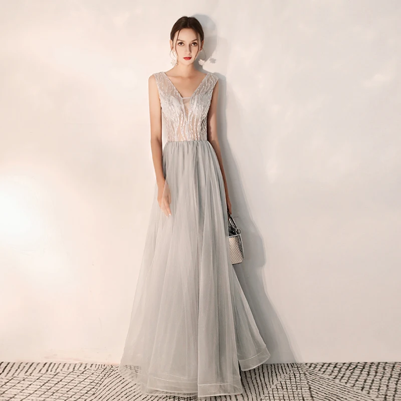 Classy Grey Evening Dresses 2019 A Line Princess V Neck Beading Sleeveless  Backless Floor Length Long Formal Dresses