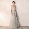 Classy Grey Evening Dresses  2019 A-Line / Princess V-Neck Beading Sleeveless Backless Floor-Length / Long Formal Dresses
