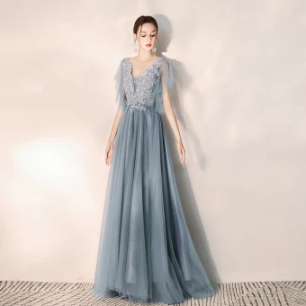 Elegant Sky Blue Evening Dresses 2019 A Line Princess V Neck Beading Lace Flower Short Sleeve Backless Floor Length Long Formal Dresses