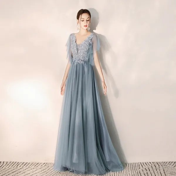 Elegant Sky Blue Evening Dresses  2019 A-Line / Princess V-Neck Beading Lace Flower Short Sleeve Backless Floor-Length / Long Formal Dresses