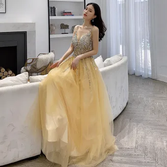 Sexy Yellow Evening Dresses 2019 A Line Princess V Neck Sequins Sleeveless Backless Floor Length Long Formal Dresses