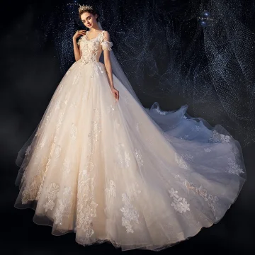 Classy Champagne Wedding Dresses 2019 Ball Gown Spaghetti Straps Beading Sequins Pearl Lace Flower Appliques Sleeveless Backless Royal Train