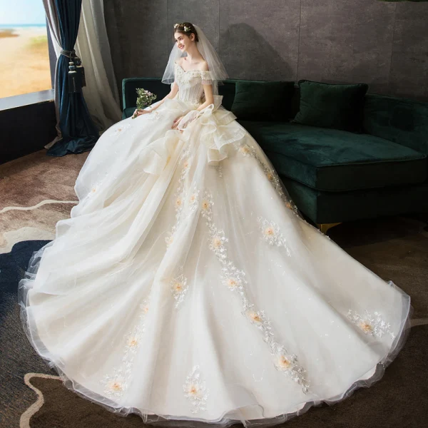 Luxury / Gorgeous Champagne Wedding Dresses 2019 Ball Gown Off-The-Shoulder Beading Pearl Crystal Tassel Lace Flower Short Sleeve Backless Cascading Ruffles Cathedral Train