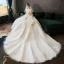 Luxury / Gorgeous Champagne Wedding Dresses 2019 Ball Gown Off-The-Shoulder Beading Pearl Crystal Tassel Lace Flower Short Sleeve Backless Cascading Ruffles Cathedral Train