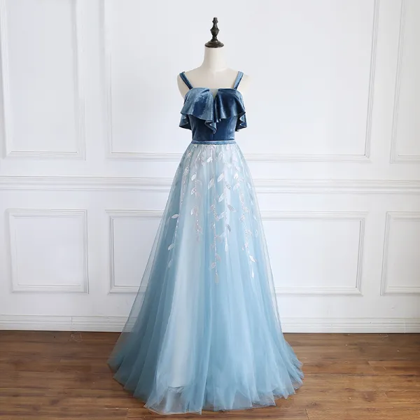 Modern / Fashion Pool Blue Prom Dresses 2019 A-Line / Princess Suede Spaghetti Straps Sequins Lace Flower Sleeveless Backless Floor-Length / Long Formal Dresses