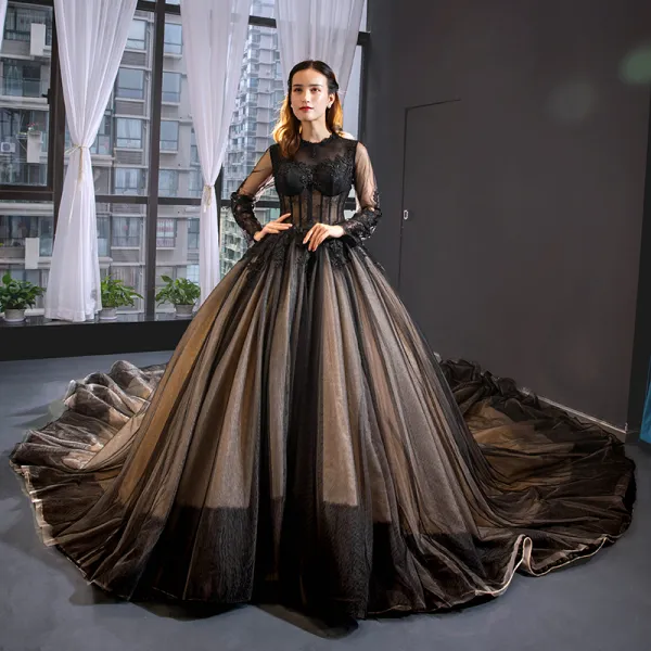 Luxury / Gorgeous Black Prom Dresses 2019 A-Line / Princess Scoop Neck Lace Flower Long Sleeve Cathedral Train Formal Dresses