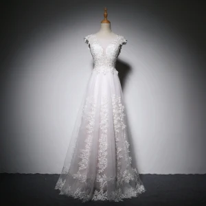 Élégant Blanche Perle Rose Robe De Soirée 2018 Princesse En Dentelle Appliques Encolure Dégagée Dos Nu Sans Manches Longue Robe De Ceremonie