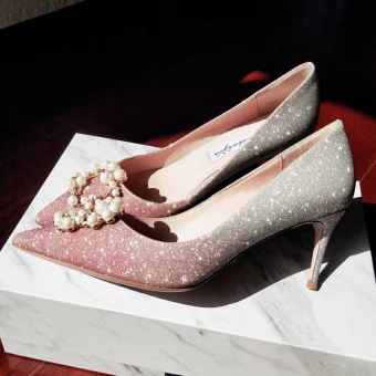 Charming Candy Pink Wedding Shoes 2019 Leather Rhinestone Pearl Sequins 10 Cm Stiletto Heels Pointed Toe Wedding Pumps