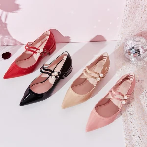 Lovely Pearl Pink Dating Womens Shoes 2019 Patent Leather Pearl Buckle 4 Cm Low Heel Pointed Toe Pumps