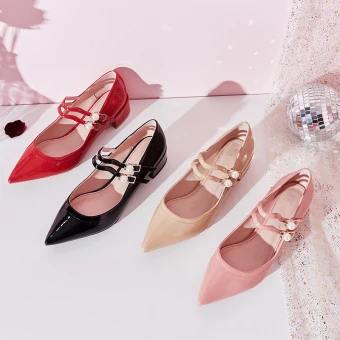 Lovely Pearl Pink Dating Womens Shoes 2019 Patent Leather Pearl Buckle 4 Cm Low Heel Pointed Toe Pumps