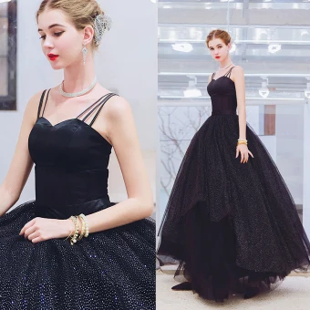 Chic Belle Noire Robe De Bal 2019 Princesse Bretelles Spaghetti Sans Manches Dos Nu Paillettes Longue Robe De Ceremonie