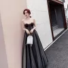 Charming Black Evening Dresses  2019 A-Line / Princess Strapless Rhinestone Sleeveless Backless Floor-Length / Long Formal Dresses