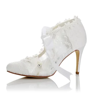 Eleganta Elfenben Satin Brudskor 2021 Rosett Pärla Spets Blomma 8 Cm Stilettklackar Spetsiga Bröllop Pumps Högklackade