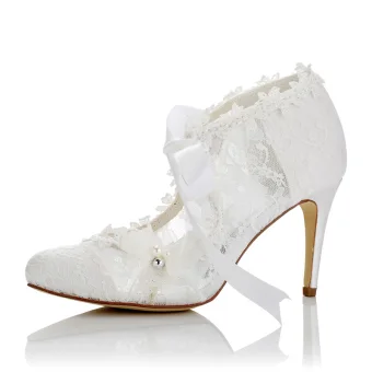 Élégant Ivoire Satin Chaussure De Mariée 2021 Noeud Perle En Dentelle Fleur 8 Cm Talons Aiguilles À Bout Pointu Mariage Escarpins Talons Hauts