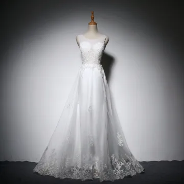 Elegante Witte Trouwjurken 2018 A Lijn Kant Appliques Doorzichtige Ronde Hals Ruglooze Mouwloos Lange Huwelijk