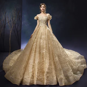Luxe Champagne Robe De Mariée 2019 Princesse De L 039 Épaule Perlage Perle Paillettes En Dentelle Fleur Manches Courtes Dos Nu Royal Train