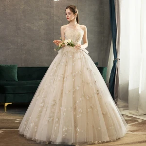 Erschwinglich Champagner Brautkleider Hochzeitskleider 2019 A Linie Herz Ausschnitt Perlenstickerei Kristall Pailletten Spitze Blumen Ärmellos Rückenfreies Lange