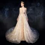 Haut de Gamme Champagne Robe De Mariée 2019 Trompette / Sirène Encolure Dégagée Perlage Faux Diamant Paillettes En Dentelle Fleur Manches Longues Dos Nu Détachable Chapel Train