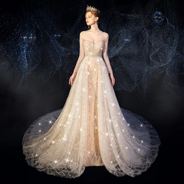 High-end Champagne Wedding Dresses 2019 Trumpet / Mermaid Scoop Neck Beading Rhinestone Sequins Lace Flower Long Sleeve Backless Detachable Chapel Train