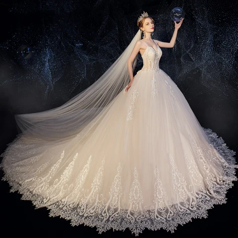 High End Champagner Brautkleider / Hochzeitskleider 2019 A Linie Spaghettiträger Perlenstickerei Kristall Spitze Blumen Ärmellos Rückenfreies Königliche Schleppe