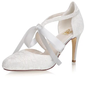 Eleganta Elfenben Satin Spets Brudskor 2021 Rosett 8 Cm Stilettklackar Spetsiga Bröllop Högklackade