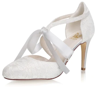 Élégant Ivoire Satin En Dentelle Chaussure De Mariée 2021 Noeud 8 Cm Talons Aiguilles À Bout Pointu Mariage Talons Hauts