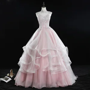 Stilig Rødmende Rosa Ballkjoler 2019 Ballkjole Høy Hals Beading Paljetter Perle Blonder Blomst Uten Ermer Ryggløse Gripende Ruffles Lange Formelle Kjoler
