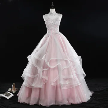 Classy Blushing Pink Prom Dresses 2019 Ball Gown High Neck Beading Sequins Pearl Lace Flower Sleeveless Backless Cascading Ruffles Floor Length Long Formal Dresses
