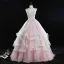 Classy Blushing Pink Prom Dresses 2019 Ball Gown High Neck Beading Sequins Pearl Lace Flower Sleeveless Backless Cascading Ruffles Floor-Length / Long Formal Dresses