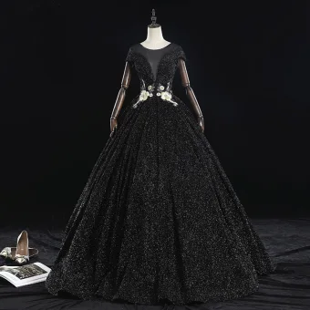 Chic Noire Robe De Bal 2019 Princesse Encolure Dégagée Perlage Cristal Perle Faux Diamant En Dentelle Fleur Manches Courtes Dos Nu Longue Robe De Ceremonie